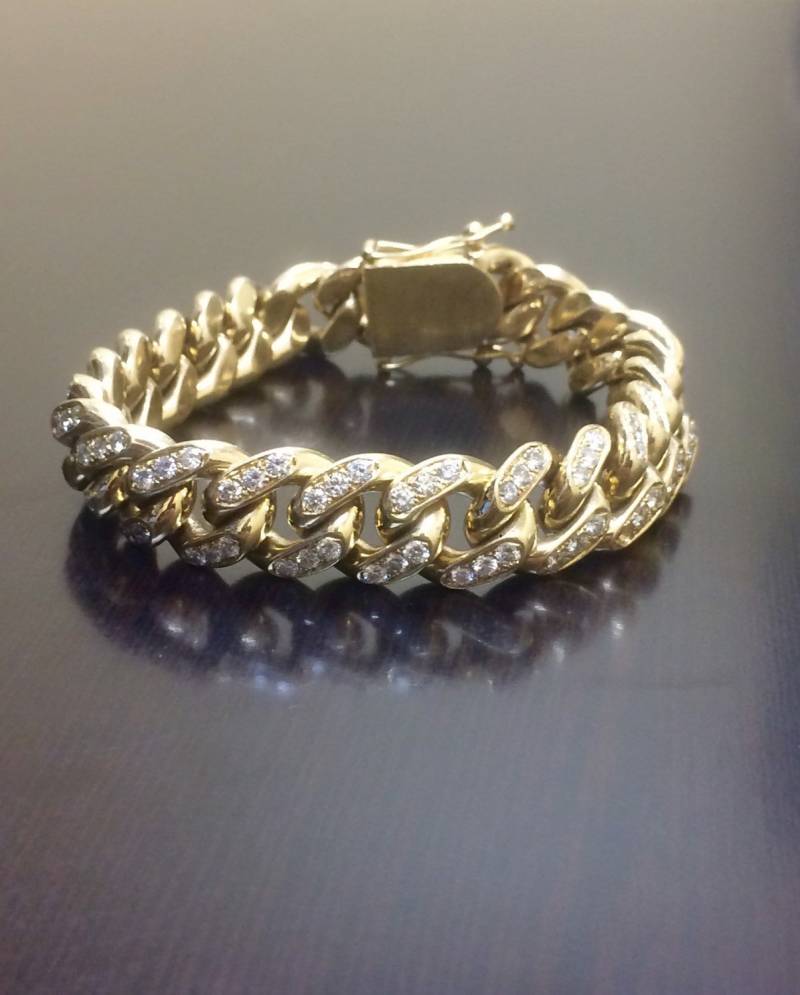14K Gelbgold Kubanisch Link Diamant Armband - Herren Glieder Pave Gold von DeKaraDesigns