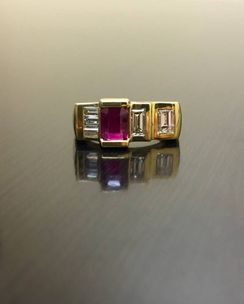 18K Gelb Gold Art Deco Diamant Rubin Verlobungsring - Smaragd Ehering Geschnitten Ruby Ring von DeKaraDesigns