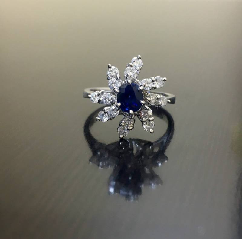 18K Weißgold Ceylon Blau Saphir Diamant-Verlobungsring - Diamant Ring Trauring Art-Deco-Saphir-Ring von DeKaraDesigns