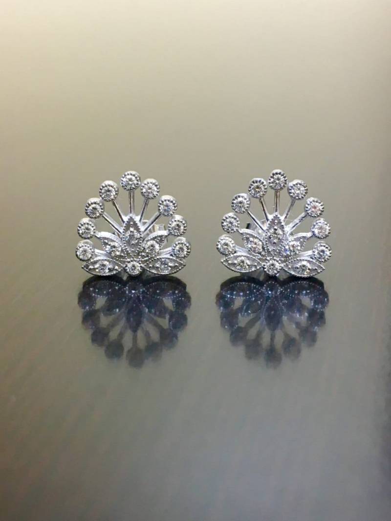 Antik Stil 14K Weiß Gold Art Deco Diamant Ohrstecker - Vintage Inspirierte Handgemachte Milgrain Lünette Set Ohrringe von DeKaraDesigns