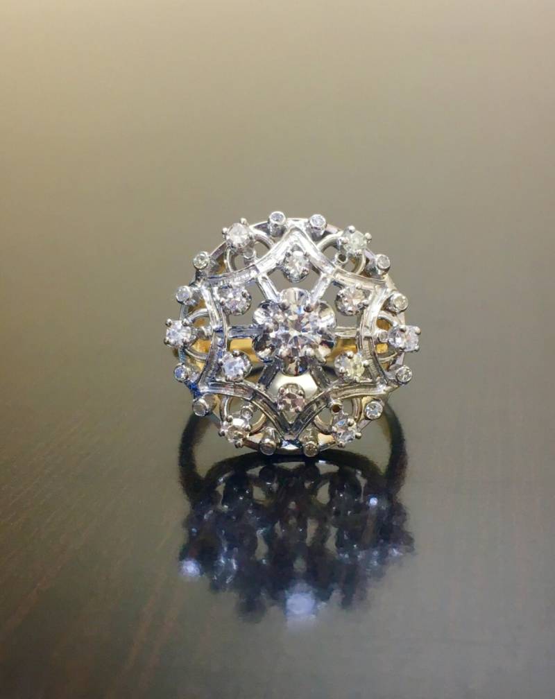 Art-Deco-14K Weißgold Diamant Verlobungsring - 14K Gelb Gold Art Deco Ehering Two Tone Hand Graviert Diamantring von DeKaraDesigns