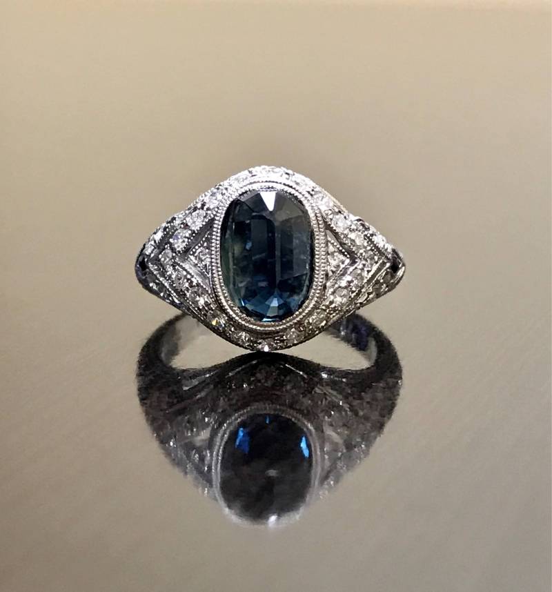Art-Deco-14K Weißgold Saphir Diamant Verlobungsring - Gold Art-Deco-Saphir Ehering Einzigartige Kopf Ring von DeKaraDesigns
