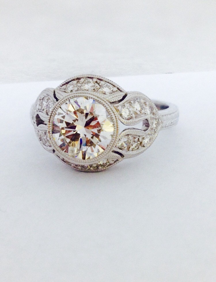 Art-Deco 18K Weissgold Diamant-Verlobungsring - Gold Diamant Ehering Hand Graviert Diamant-Ring Gravur Goldring von DeKaraDesigns