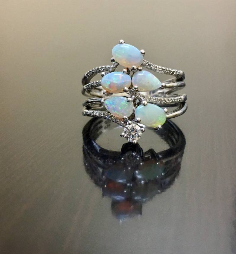 Art Deco Diamant Opal Verlobungsring - Sterling Silber Ehering Ring von DeKaraDesigns