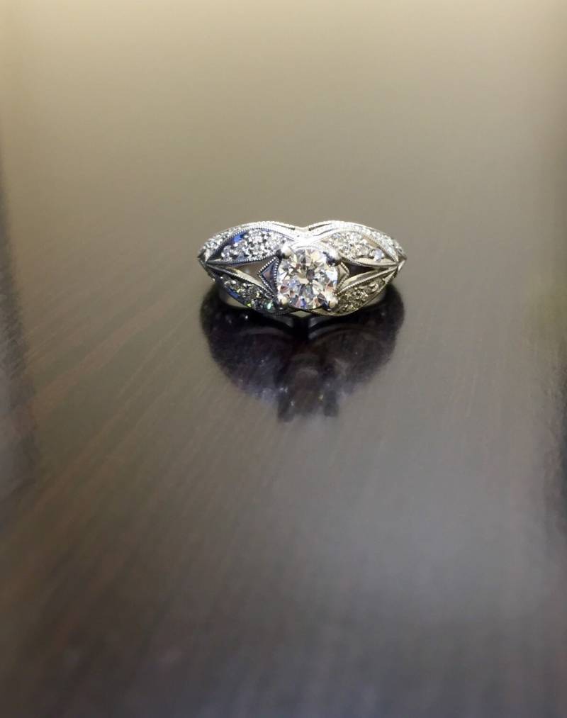Art-Deco Diamant Verlobungsring - Platin Diamant-Ring Graviert Ehering Platinring von DeKaraDesigns