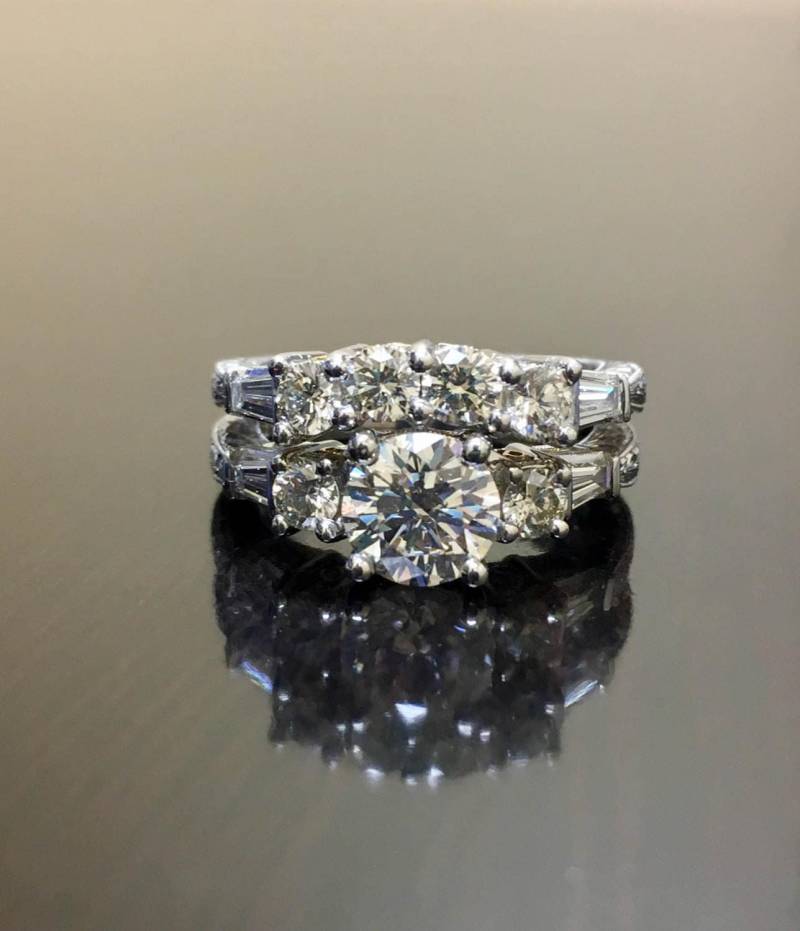 Art-Deco-Gravierte Platin Diamant Verlobungsring - Art-Deco-Diamant Ehering Ring Braut Set von DeKaraDesigns