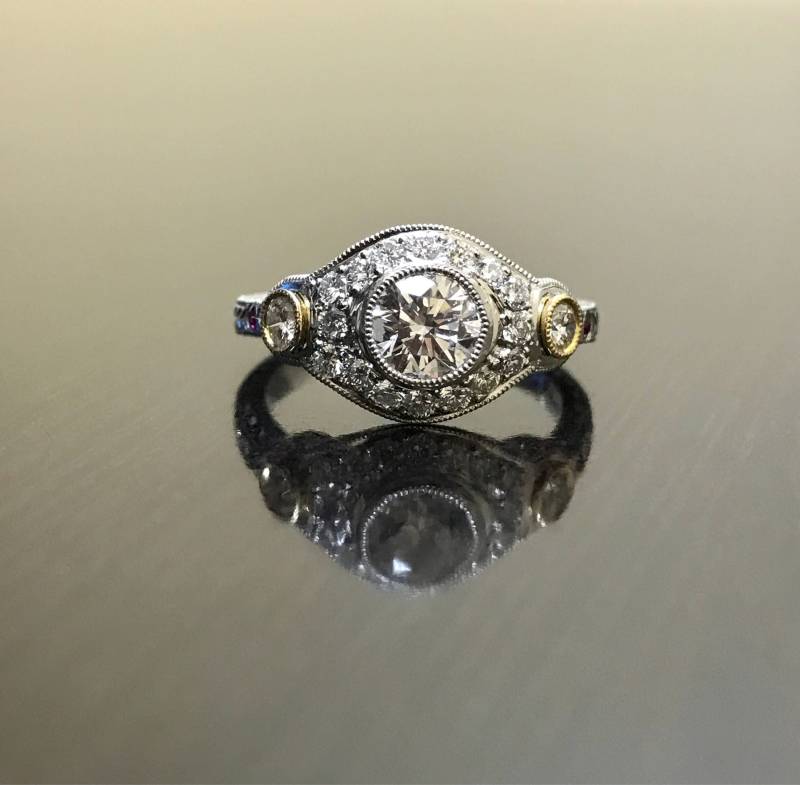 Art-Deco-Platin 18K Gelbgold Diamant-Verlobungsring - Platin Art-Deco-Diamant Ehering Graviert Platinring Diamant-Ring von DeKaraDesigns