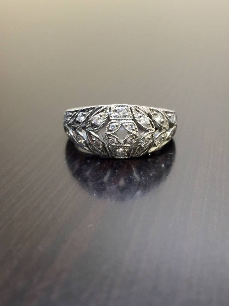 Art-Deco Platin Diamant Ring - Hand Gravierte Diamant-Verlobungsring Eheringe Band von DeKaraDesigns
