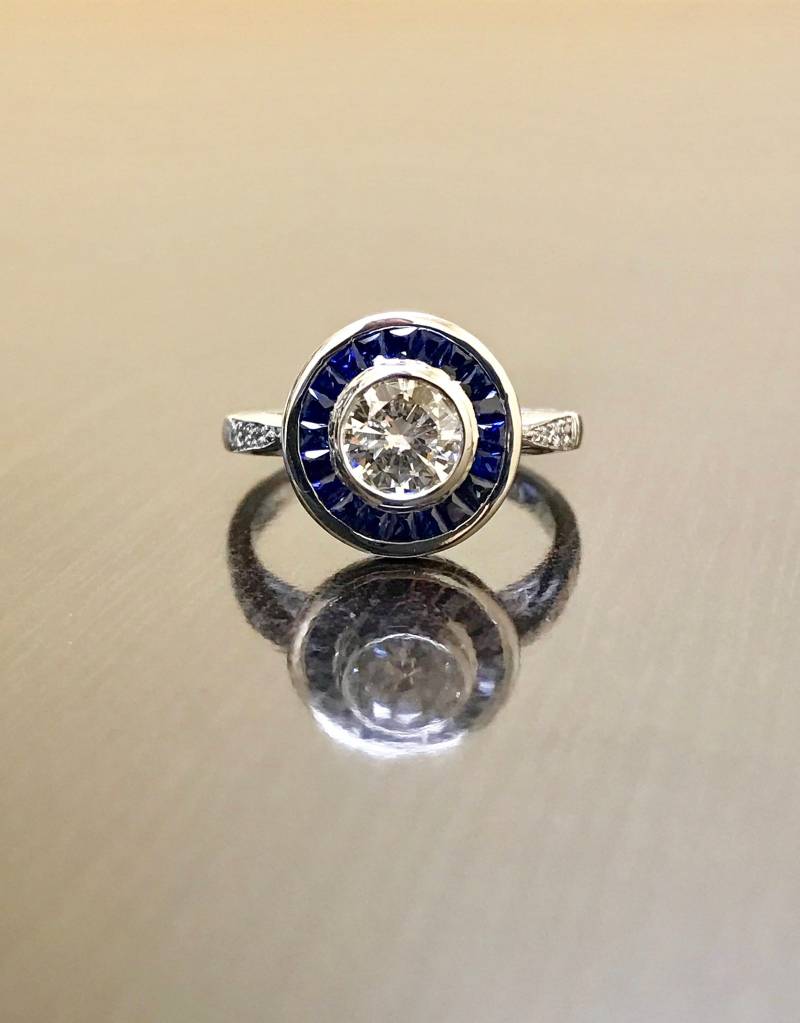 Art Deco Platin Halo Saphir Diamant Verlobungsring - Art-Deco-Diamant Ehering Diamantring von DeKaraDesigns