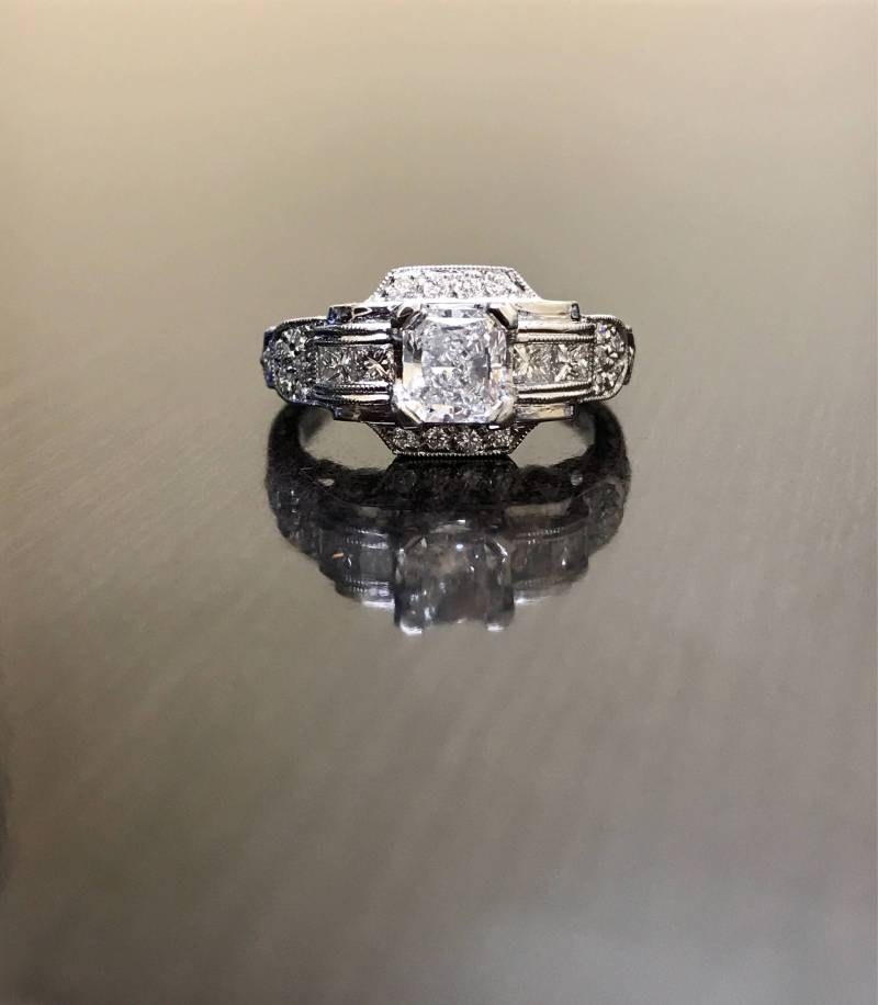 Art-Deco-Platin Radiant Cut Diamant Verlobungsring - Gia Ehering Hand Graviert Platin Ring Art-Deco Diamant-Ring von DeKaraDesigns