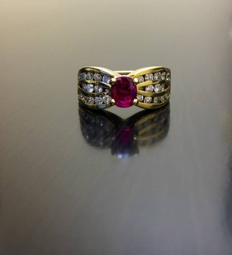 Art-Deco-Rubinring - 14K Gelb Gold Rubin-Diamant-Verlobungsring Diamant Rubin Trauring Diamant-Ring Ehering von DeKaraDesigns
