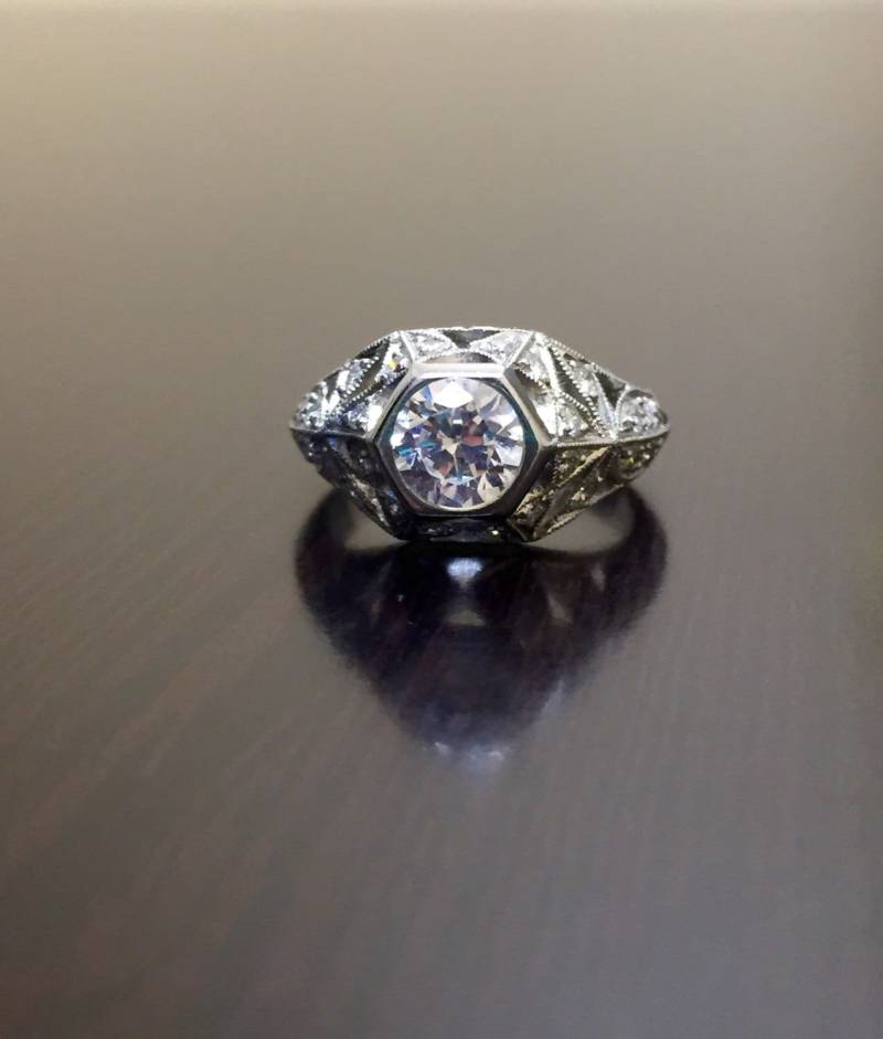 Diamant-Verlobungsring - Platin Diamant Ehering Art-Deco Platin-Diamantring Gravur Ring Platin-Ring Art Déco-Ring von DeKaraDesigns