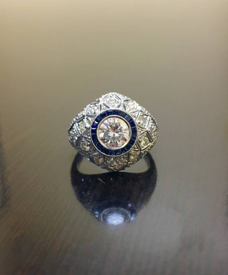 Platin Art-Deco-Blauer Saphir Diamant Verlobungsring - Art-Deco Ehering Halo Diamantring von DeKaraDesigns