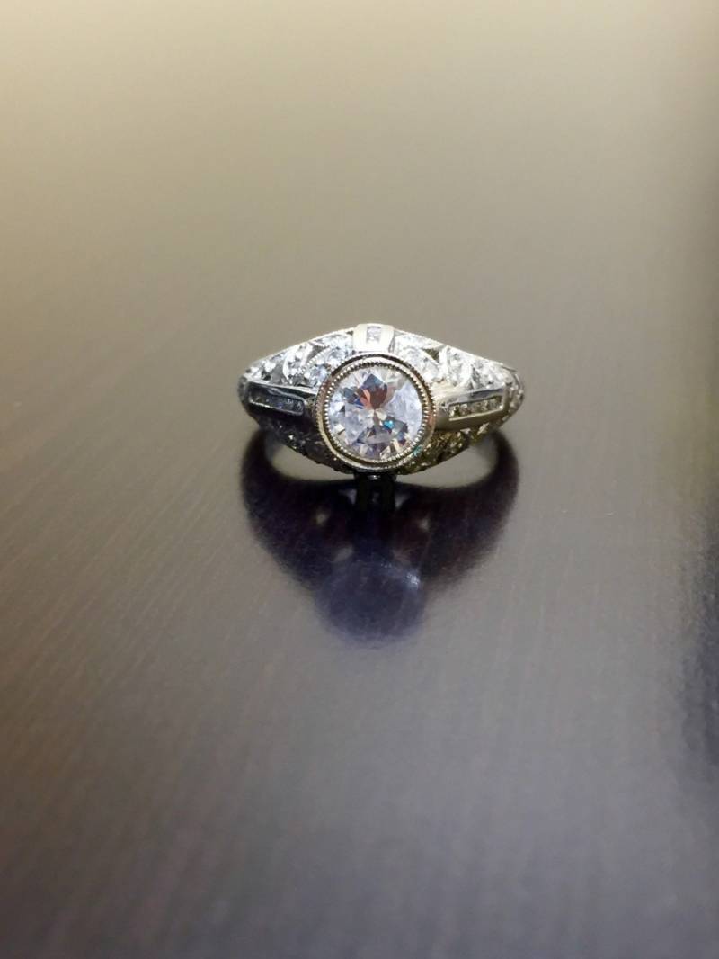 Platin Diamant Verlobungsring - Art-Deco-Gravierte Ehering Diamantring Ring Platin-Ring-Montage Art Déco von DeKaraDesigns