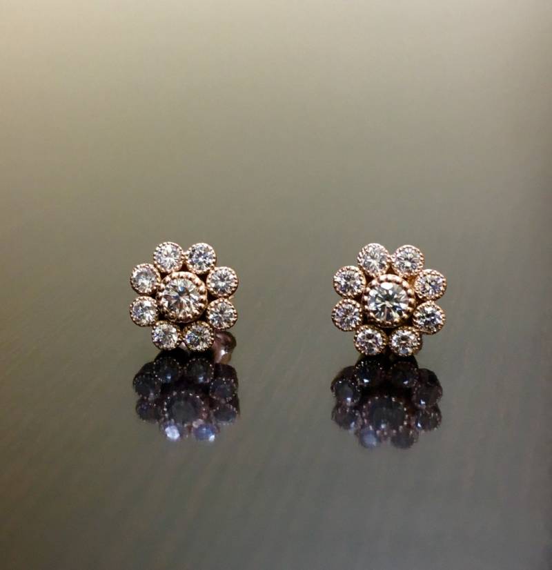 Vintage Inspirierte Handgemachte 14K Rose Gold Lünette Set Diamant Ohrringe - Antik Stil Art Deco Runde Ohrstecker von DeKaraDesigns