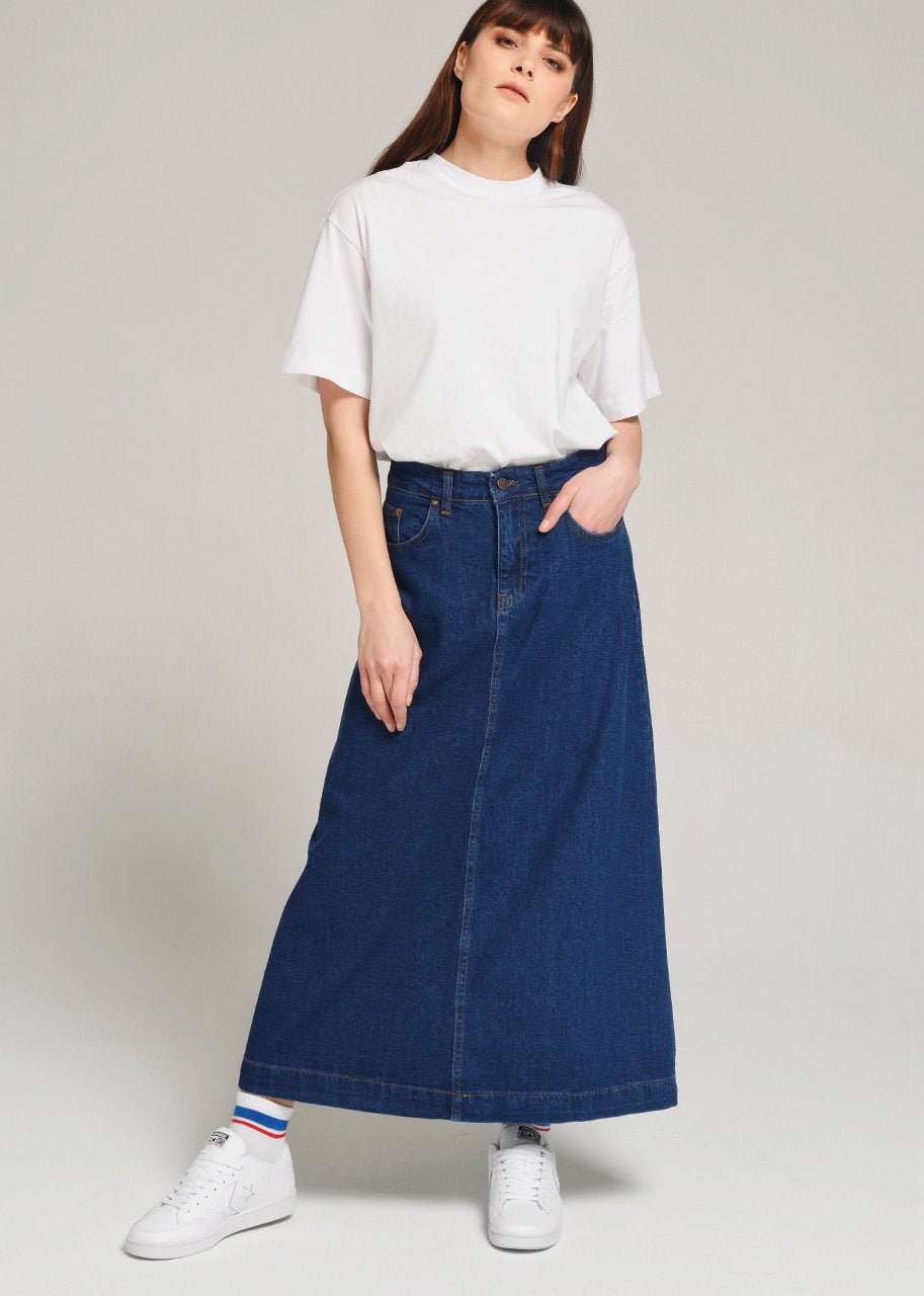 Campine Dunkelblauer Denim-Maxirock Lang Weich in Voller Länge Bescheidener Rock Mit Taschen Herbst Benutzerdefinierte von DeMimJeansAndGifts