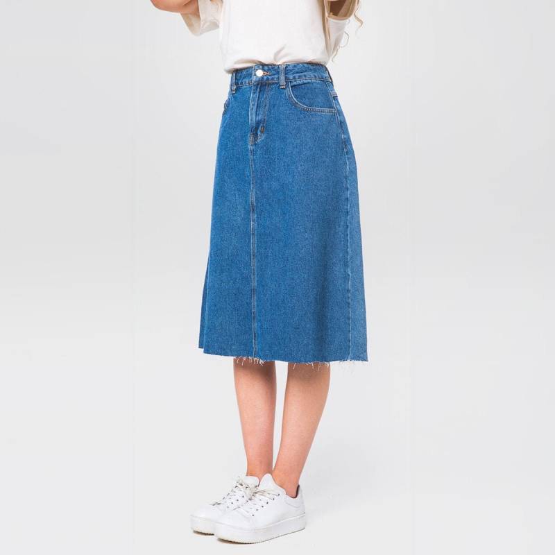 Campine Medium Wash Denim Midi Rock Benutzerdefinierte Länge Weicher Knielanger Bescheidener Mit Taschen Sommer von DeMimJeansAndGifts