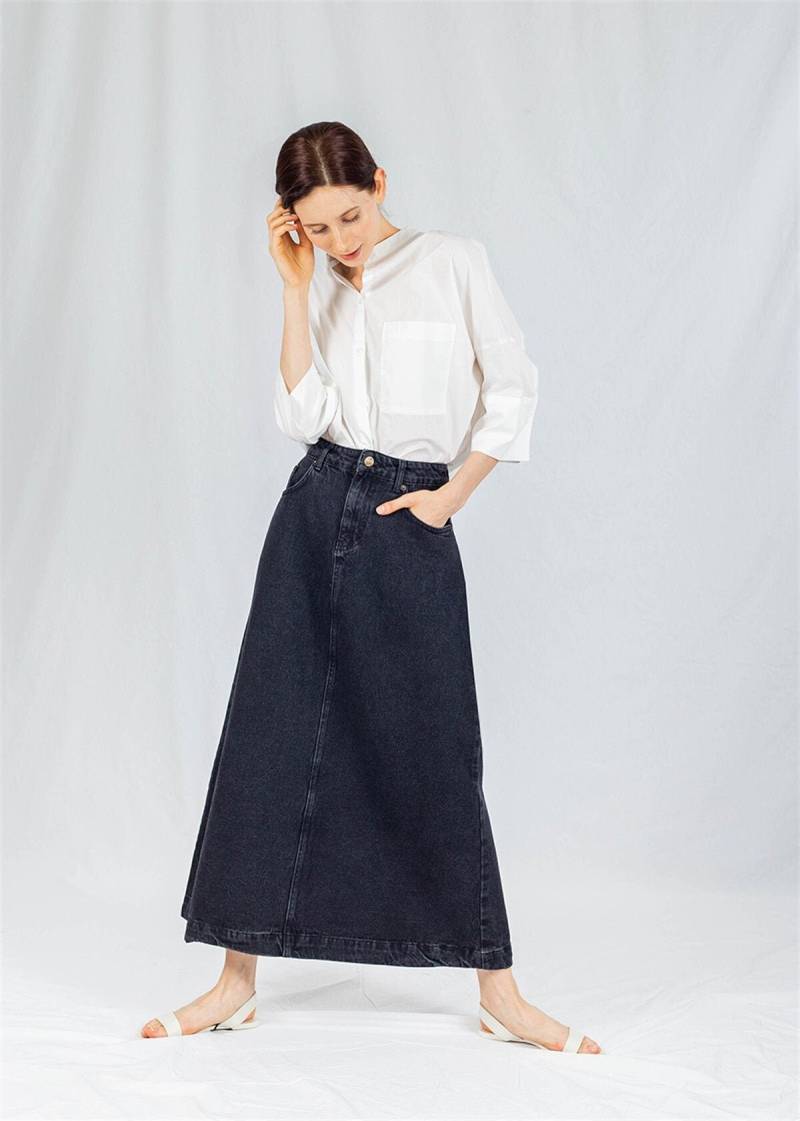 Campine Schwarzer Denim Maxirock Langer Weicher Bescheidener Rock in Voller Länge Mit Taschen Herbst Benutzerdefinierte von DeMimJeansAndGifts