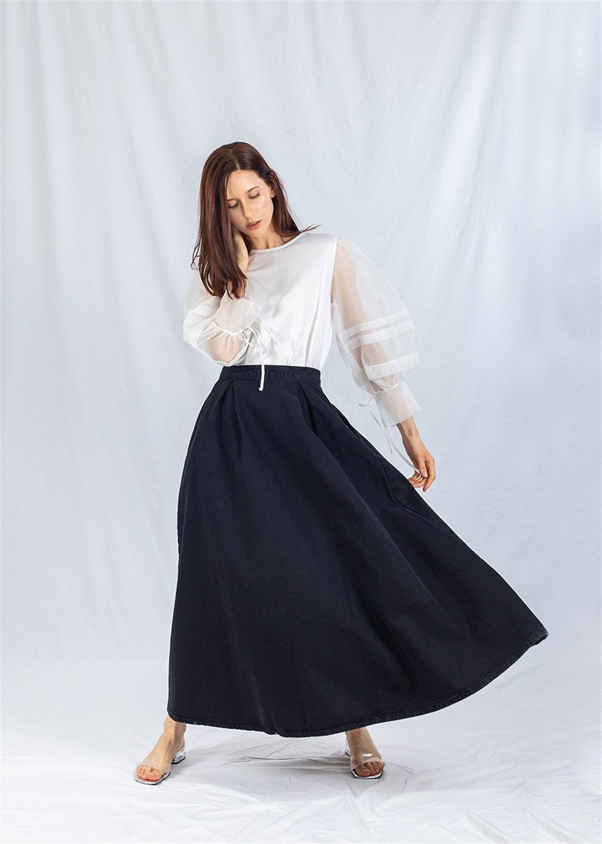 Daisy Denim Maxi Tellerrock Schwarz, Ausgestelltes A-Linie Swing Jean Lang, Für Bescheidene Frauen Cloche Vintage Rock Mit Taschen von DeMimJeansAndGifts