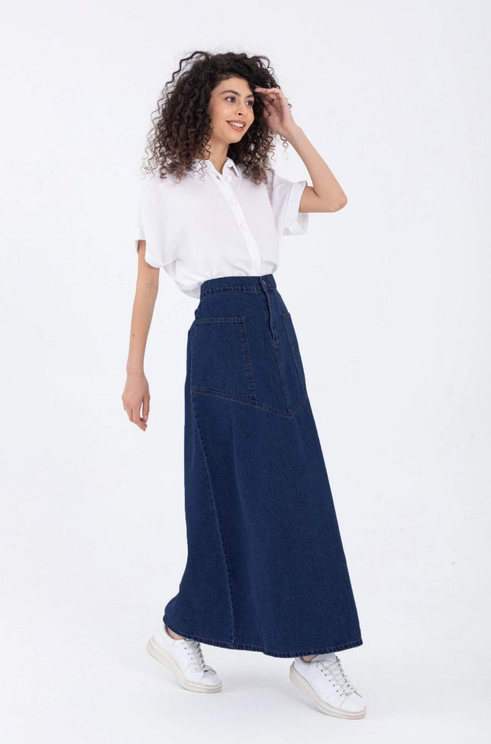 Wale Indigo Denim Maxirock Eine Linie, Langer, Weicher, Bescheidener Rock in Voller Länge Mit Taschen von DeMimJeansAndGifts