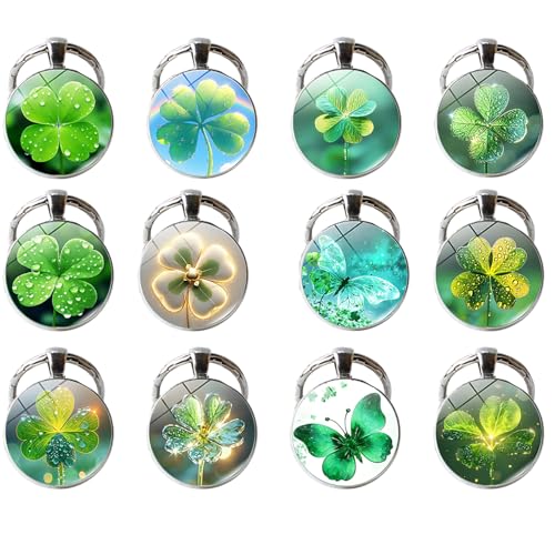 12 Glücksbringer Schlüsselanhänger Kinder, 12 Stück Kleeblatt Anhänger mit Glückssymbolen, Schlüsselanhänger Glücksbringer Set für Geschenke und Dekoration von DePro