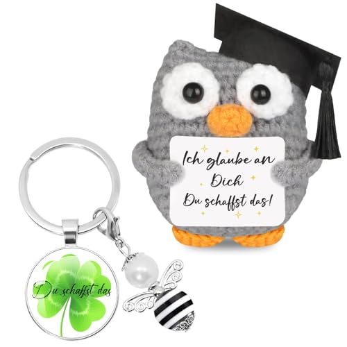 2 Paket Bestandene Prüfung Geschenk & Glücksbringer Prüfung, Eule-Puppe + Kleeblatt-Schlüsselanhänger - Perfekte Motivations-Geschenke für Prüfungen, Kleine Geschenke für Frauen Freundin Kollegen von DePro