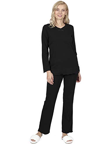 DeSen Damen Deluxe Pyjama aus 100% Baumwolle, Schlafanzugoberteil mit V-Ausschnitt, Schlafanzughose (Schwarz-40/42) von DeSen