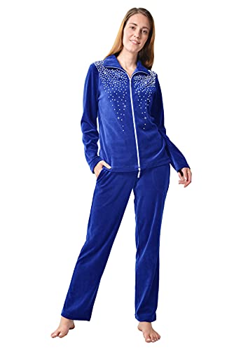 DeSen Damen Velours Nicki Freizeitanzug Fitnessanzug Hausanzug Jogginganzug Nicki-Anzug mit Reißverschluss und Glitzersteinen (36-38, Royal Blau) von DeSen
