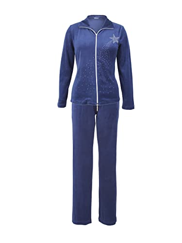 DeSen Damen Velours Nicki Hausanzug Freizeitanzug Nicki-Anzug mit Reißverschluss und Glitzersteinen (40/42, Nachtblau) von DeSen