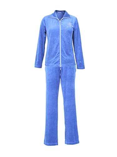 DeSen Damen Velours Nicki Hausanzug Freizeitanzug Nicki-Anzug mit Reißverschluss und Glitzersteinen (44/46, Royal Blau) von DeSen