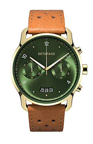DeTomaso SORPASSO Chronograph Limited Edition Gold Green Herren-Armbanduhr Analog Quarz Leder Armband Braun von DeTomaso