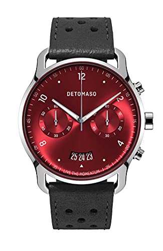 DeTomaso SORPASSO Chronograph Limited Edition Silver RED Herren-Armbanduhr Analog Quarz Leder Armband Schwarz von DeTomaso