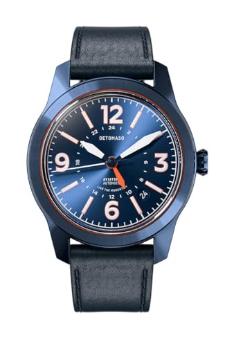 DeTomaso AVIATORE Automatic GMT Blue ORANGE Blau Orange Herren Armbanduhr Analog Automatik Leder Armband Blau von DeTomaso