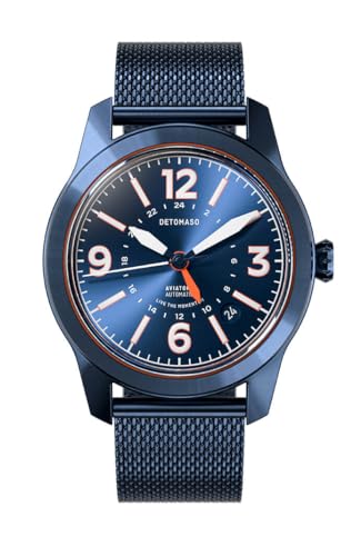 DeTomaso AVIATORE Automatic GMT Blue ORANGE Blau Orange Herren Armbanduhr Analog Automatik Mesh Armband Blau von DeTomaso