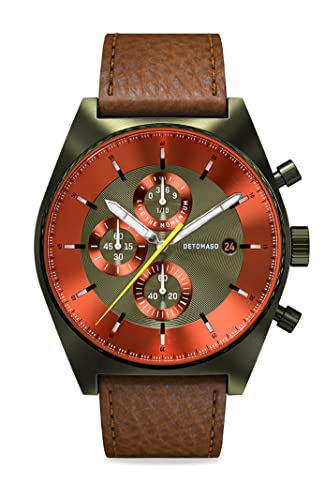 DeTomaso D10 Chronograph Limited Edition Olive ORANGE Herren-Armbanduhr Analog Quarz Lederarmband Dunkelbraun von DeTomaso