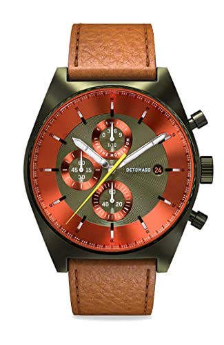 DeTomaso D10 Chronograph Olive ORANGE Herren-Armbanduhr Analog Quarz Lederarmband Braun von DeTomaso