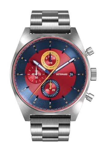 DeTomaso Herrenuhr D10 Chronograph in Blue Red - Armbanduhr an silbernem Edelstahl-Armband - aus 316L Chirurgenstahl mit einem Quarzuhrwerk & saphirgehärtetem Mineralglas – 43 mm von DeTomaso