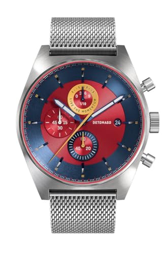 DeTomaso Herrenuhr D10 Chronograph in Blue Red - Armbanduhr an silbernem Mesh-Armband - aus 316L Chirurgenstahl mit einem Quarzuhrwerk & saphirgehärtetem Mineralglas – 43 mm von DeTomaso