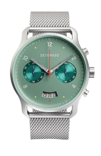 DeTomaso Herrenuhr Sorpasso Chronograph in Matte Green - Armbanduhr an silbernem Mesh-Armband - aus 316L Chirurgenstahl mit einem Quarzuhrwerk & saphirgehärtetem Mineralglas – 42 mm von DeTomaso