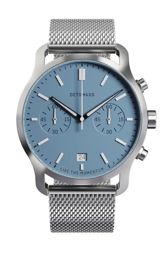 DeTomaso Herrenuhr Sorpasso Chronograph in Minty Blue - Armbanduhr an silbernem Mesh-Armband - aus 316L Chirurgenstahl mit einem Quarzuhrwerk & saphirgehärtetem Mineralglas – 42 mm von DeTomaso