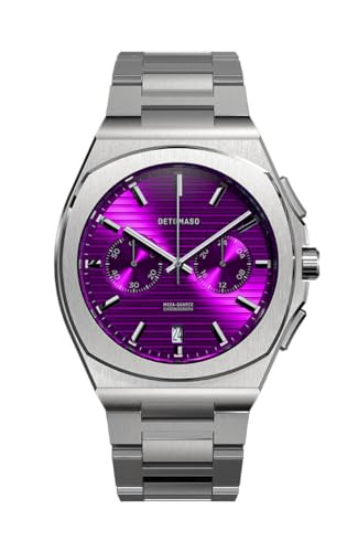 DeTomaso Herrenuhr Voltre Chronograph in Purple - Armbanduhr an silbernem Edelstahl-Armband - aus 316L Chirurgenstahl mit einem Quarzuhrwerk & saphirgehärtetem Mineralglas – 42 mm von DeTomaso