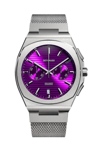 DeTomaso Herrenuhr Voltre Chronograph in Purple - Armbanduhr an silbernem Mesh-Armband - aus 316L Chirurgenstahl mit einem Quarzuhrwerk & saphirgehärtetem Mineralglas – 42 mm von DeTomaso