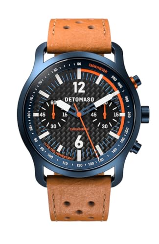 DeTomaso SORPASSO Chronograph Carbon Blue ORANGE Blau Orange Herren Armbanduhr Analog Quarz Leder Armband Braun von DeTomaso