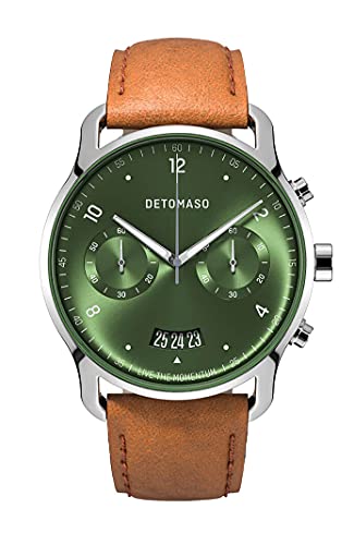 DeTomaso SORPASSO Chronograph Limited Edition Silver Green Herren-Armbanduhr Analog Quarz Leder Armband Braun von DeTomaso