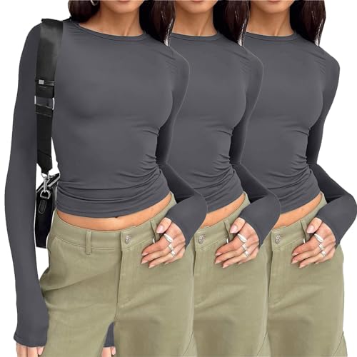 3er Pack Basic Langarmshirt Damen Enge Y2K Crop Tops Skims T Shirt Langarm Cropped Pullover Yk2 Clothes Bauchfreies Oberteile Aesthetic Tops Frauen Teenager Mädchen T-Shirts von DeaAmyGline