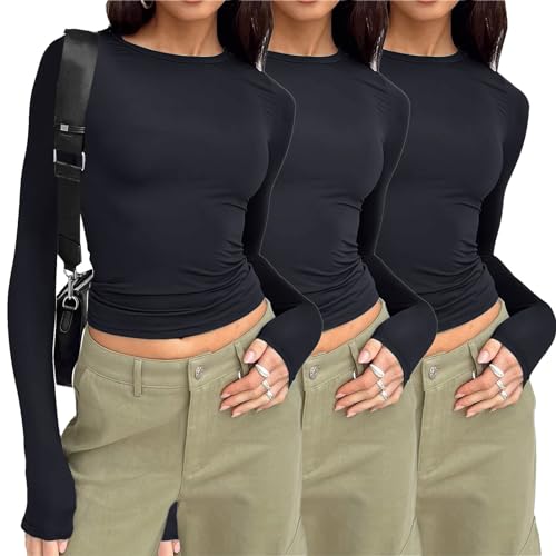 3er Pack Basic Langarmshirt Damen Enge Y2K Crop Tops Skims T Shirt Langarm Cropped Pullover Yk2 Clothes Bauchfreies Oberteile Aesthetic Tops Frauen Teenager Mädchen T-Shirts von DeaAmyGline