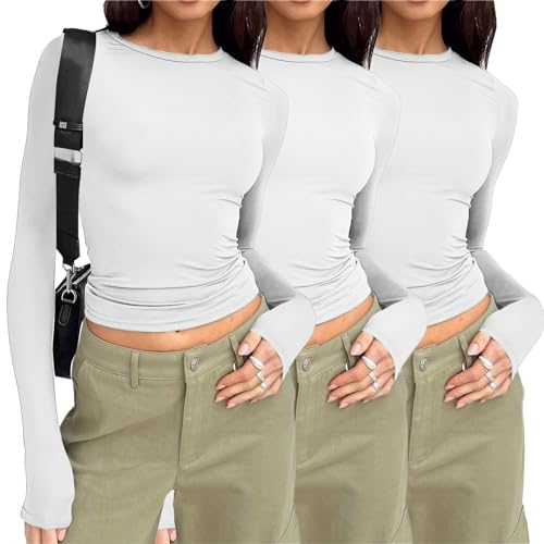 3er Pack Basic Langarmshirt Damen Enge Y2K Crop Tops Skims T Shirt Langarm Cropped Pullover Yk2 Clothes Bauchfreies Oberteile Aesthetic Tops Frauen Teenager Mädchen T-Shirts von DeaAmyGline