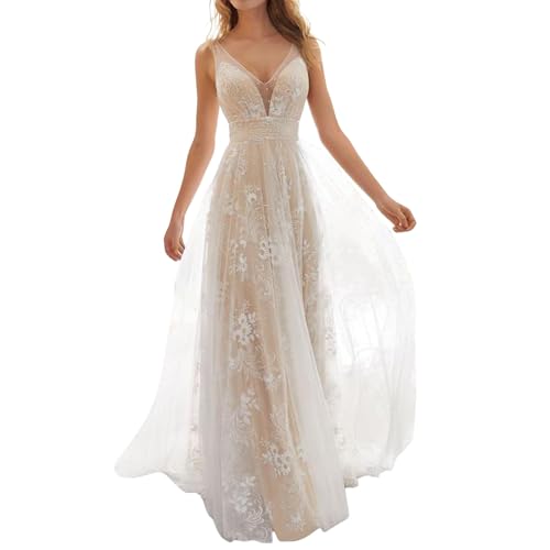 Abendkleid Damen Lang, Hochzeitskleid Damen Spitzen V-Ausschnitt,Kleider Damen Festlich Elegant Brautkleid Brautjungfernkleider Abendkleider Elegant Hochzeit Gast Ballkleid Partykleid für Fauen von DeaAmyGline