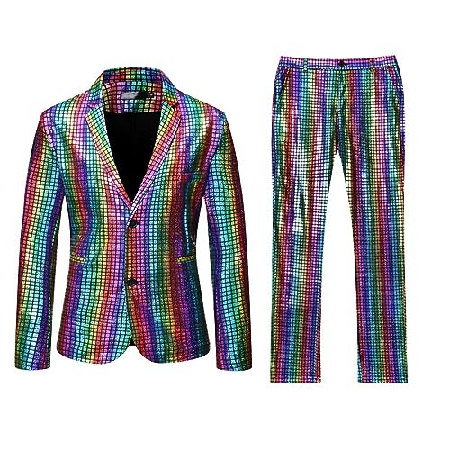 Anzug Herren 2 Teilig Disco Sets Glitzer Jacke und Hose Metallic Glänzende Pailletten Anzüge für Discokugel Party Karneval Kustüm Hochzeit 70er 80er Jahre Outfit Mottoparty Herrenanzüge von DeaAmyGline