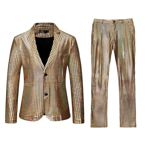 Anzug Herren 2 Teilig Disco Sets Glitzer Jacke und Hose Metallic Glänzende Pailletten Anzüge für Discokugel Party Karneval Kustüm Hochzeit 70er 80er Jahre Outfit Mottoparty Herrenanzüge von DeaAmyGline